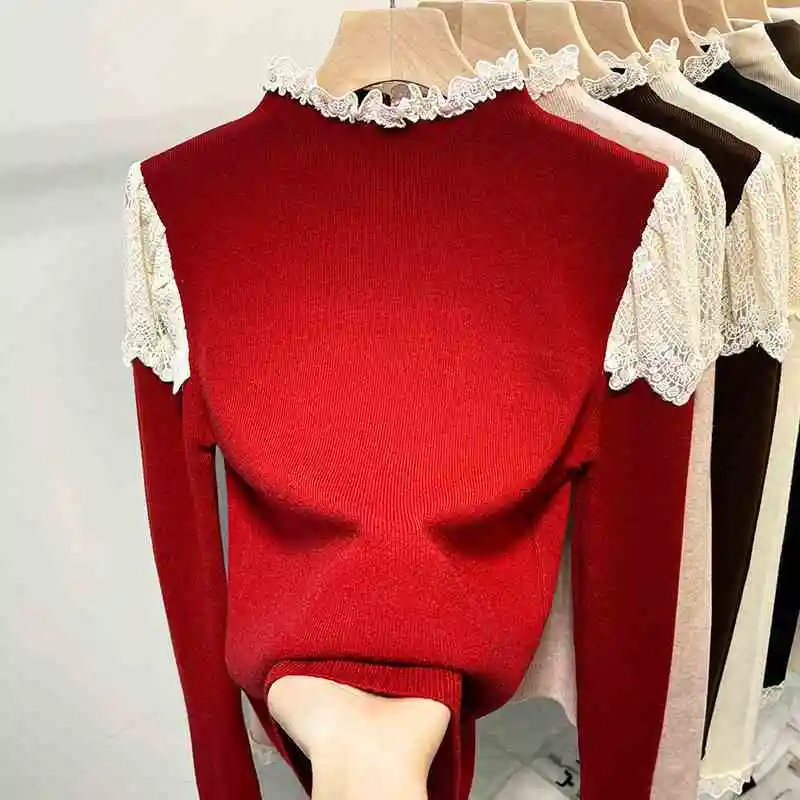 Temperament Half Height Collar Knitting Sweater Ladies Autumn Winter New Slim Elegant Patchwork Lace Pullovers Women's Top Tee