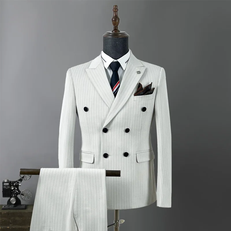 HH357High-end double-breasted suit men's striped suit casual groom wedding dress business slim Korean version of the suit