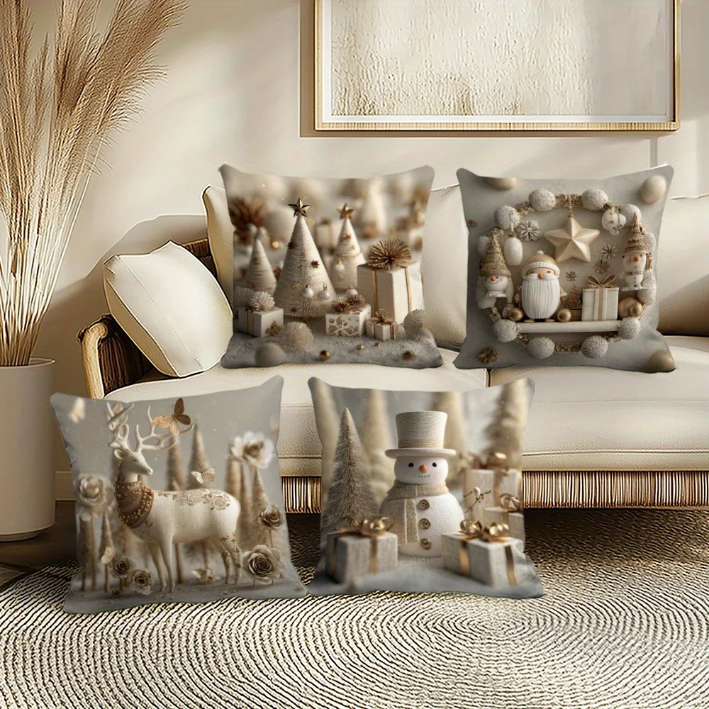 4pcs Christmas Pillow Covers – Gold Santa Snowman Reindeer Design for Room Office Living Room Sofa and Home Decor