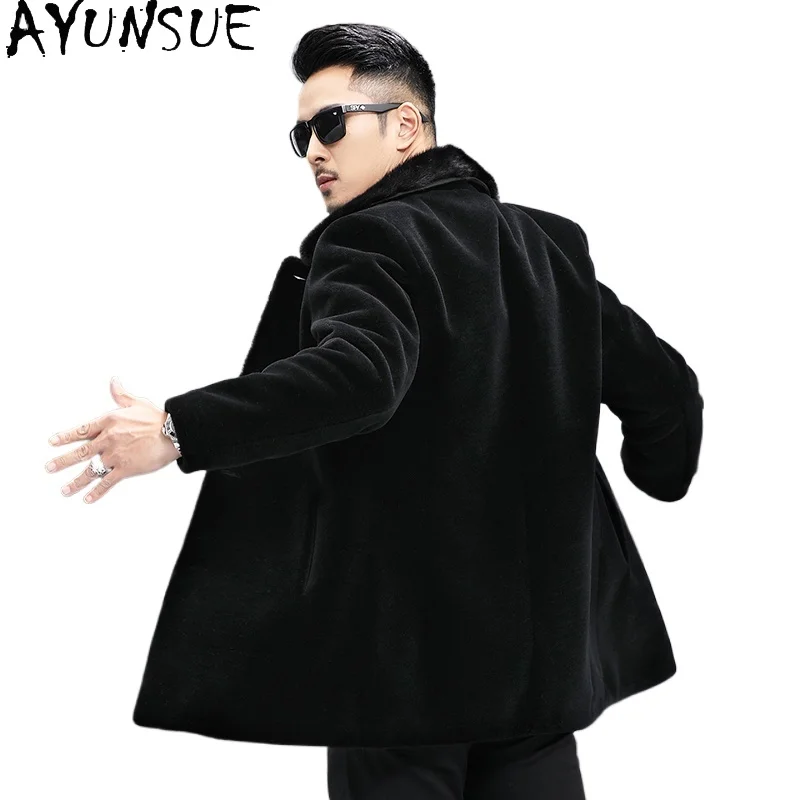 

AYUNSUE New Sheep Shearing Jacket for Men Winter 100% Wool Coat Man High-end Fur Coat Man Mink Collar Mid-length Puffer Jackets
