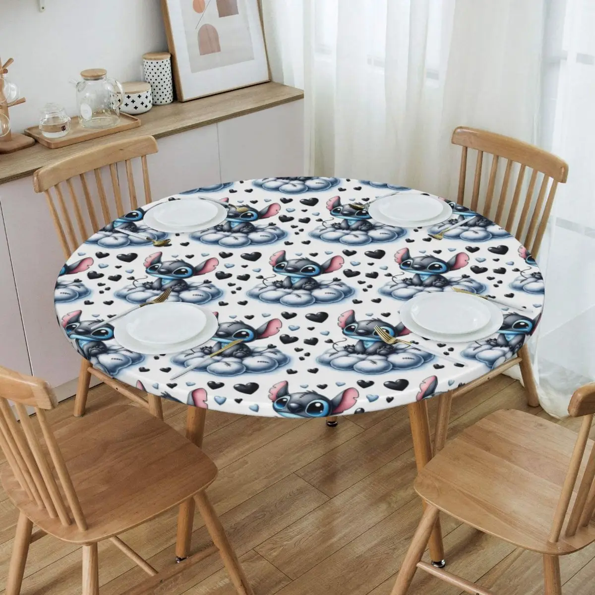 Custom Round Waterproof Oil-Proof Lilo And Stitch Tablecloth Backing Elastic Edge Table Cover 45