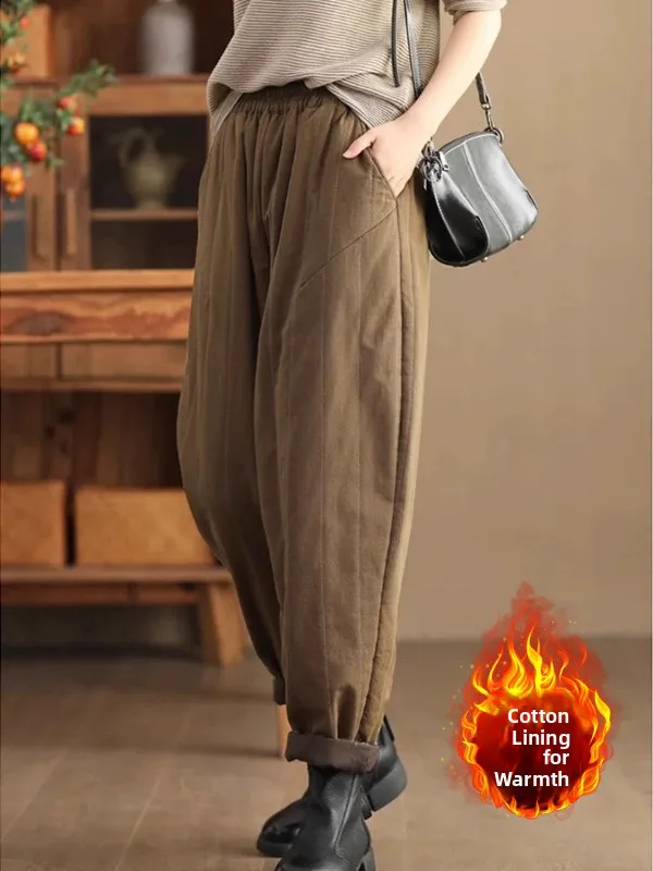 

Ретро-брюки-харлан из хлопка с эластичным поясом, теплые зимние женские брюки больших размеров, текстурированные, утягивающие, длинные, повседневные, с высокой талией