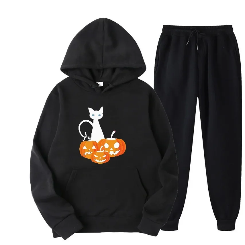 

2025 Halloween cat trampling on pumpkin graffiti print Graphic Hoodies For Men Spring And Autumn Casual Street Wear Pullover set