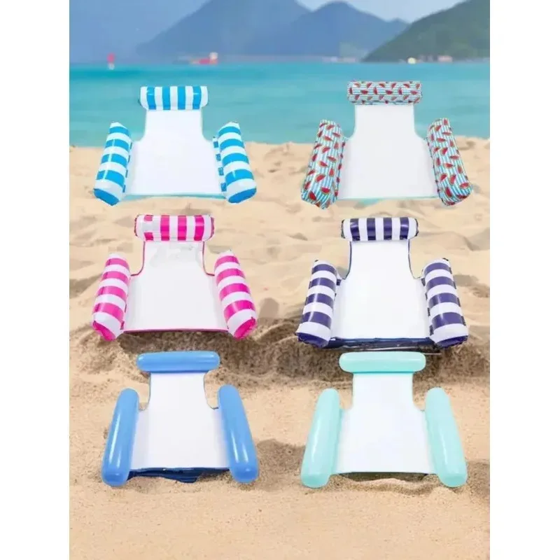 Colchoneta inflable para adultos, silla reclinable plegable con respaldo, cama flotante inflable a rayas, hamaca individual.