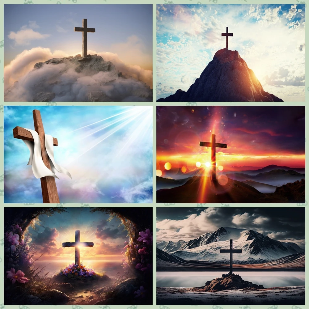 

Christ Cross Photography Backdrop Mountain Sunset Sepulcher Lord Pray Jesus Bible Easter Background Photo Decor Props