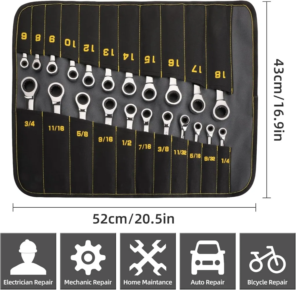 Ratcheting Wrench Set,72 Tooth Long Open End Ratchet, SAE & Metric, 22-piece, 1/4