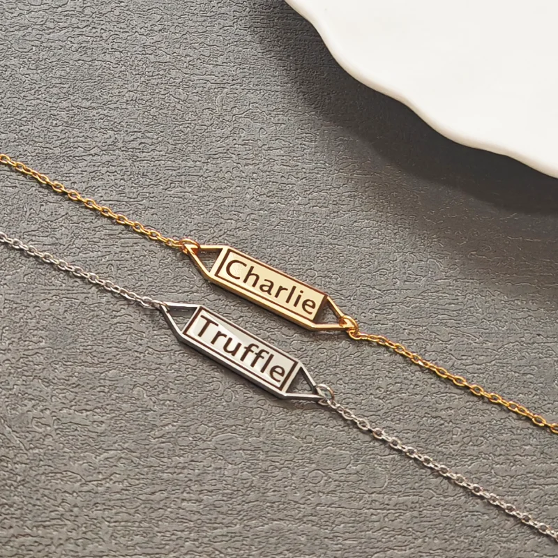 

Customized bracelet, square piece name with stainless steel string, couple jewelry gift