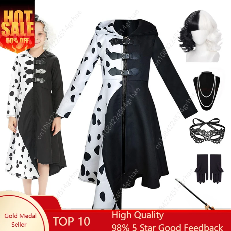 

Cruella Deville Costume Black Dalmatian Jumpsuit Dress Girls Halloween Cosplay Party Dress up