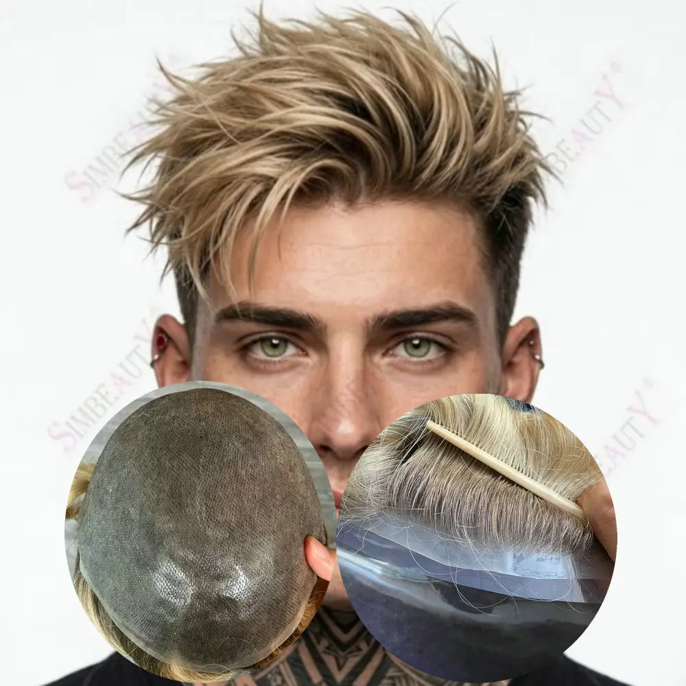 

Men's Wig Thin Skin Pu Vlooped Toupee Male Hair Prosthesis 4#Brown Roots Ombre 613#Blonde Human Hair Replacement System For Men