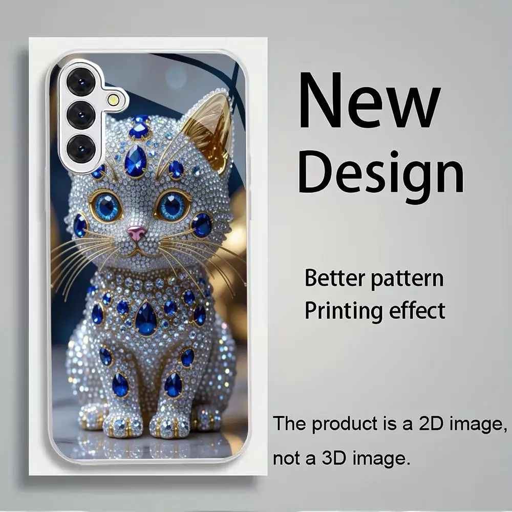 Diamond cat electroplated glass phone case suitable for Samsung Galaxy S26 S25 S24 S23 S22 S20FE/Ultra/Plus anti drop back cover