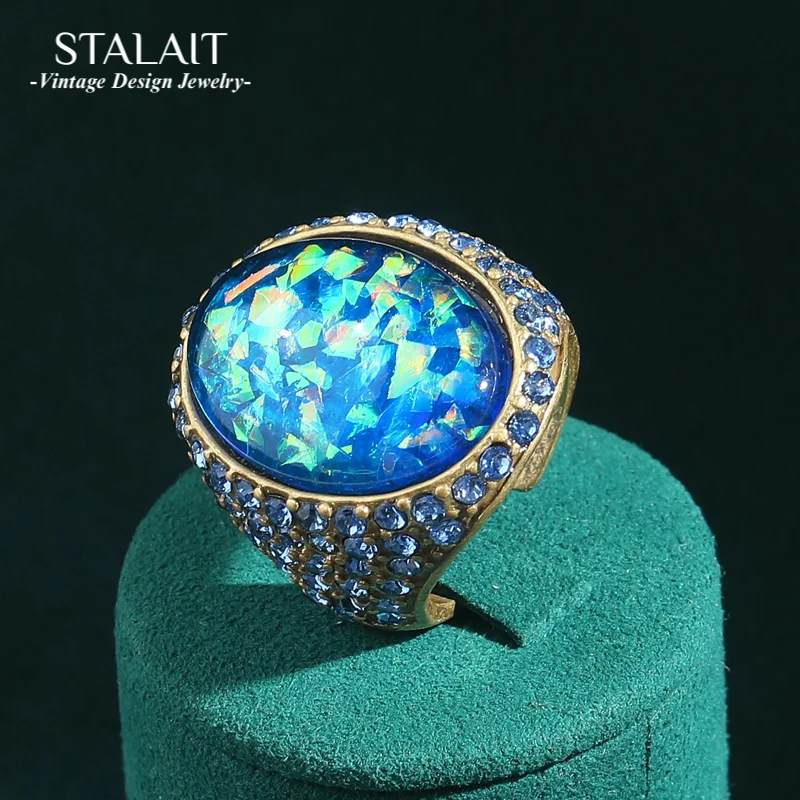 Vintage Opal Ring Real Light Blue Rhinestone Woman Luxury Quality Jewelry Trends 2025 Valentine Day Gift Party Accessories