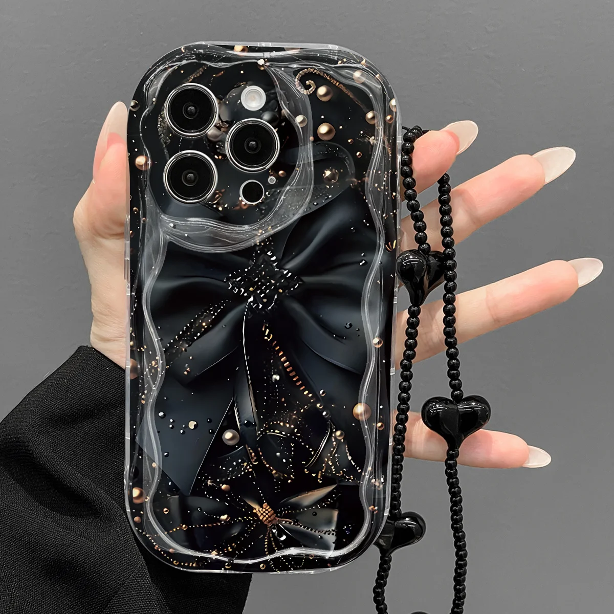 Wrist Strap Phone Case For Samsung Galaxy S26 S25 S24 Plus Ultra A57 A17 A27 A15 A37 A36 A06 A07 Gothic Black Bow Lanyard Cover