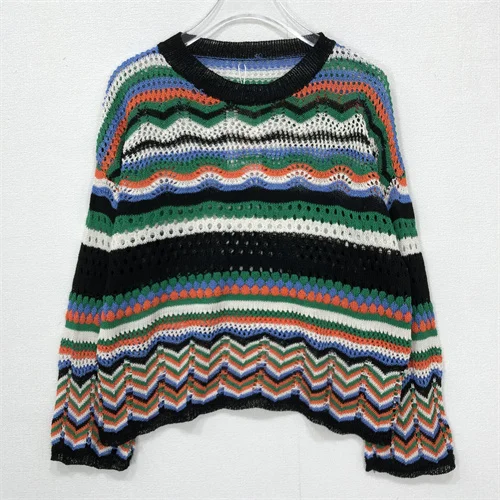 빈티지 수제 꽃무늬 여름 스웨터, 속이 비치는 니트 롱 스웨터, 브이넥 루즈핏 스웨터, 숄더 태슬 장식