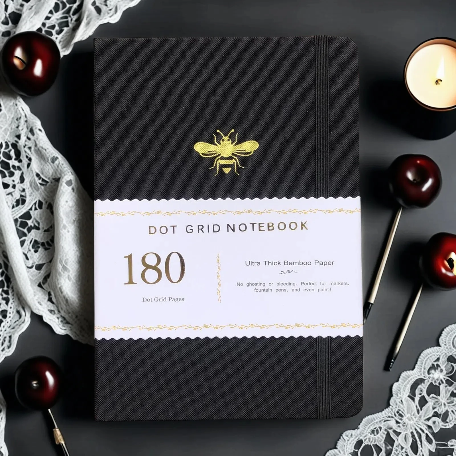 BUJO A5 Dot Grid Notebook – Luxury Hardcover Journal, 180gsm White Paper, Silver Edges, 160 Pages, Pocket & Gift Box