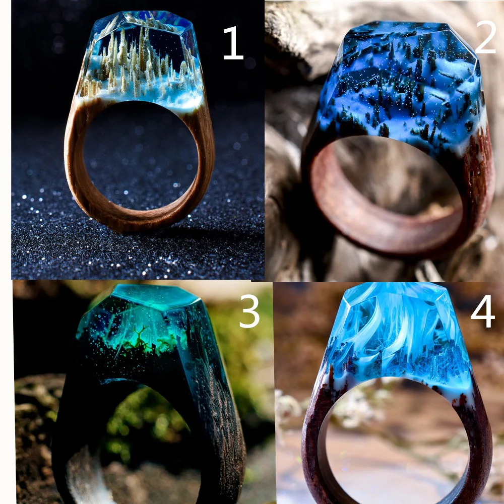 Hot Sale Trendy Cool Colourful Time Magic Forest Landscape Aurora Ring Resin Wood Wooden Rings Creative For Men Women Gift