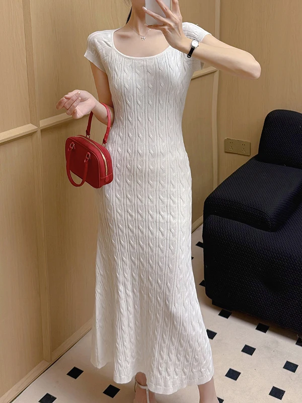 Pure Desire Sexy Square Ne ort Sve Knitted Dr Women's Summer High-End Slim Fit Midi Skirt Bodycon Dr