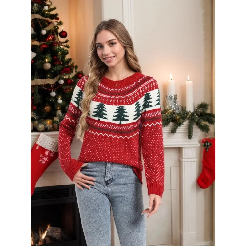 

Fashion Embroidered Knitted Sweater Women Chic Round Neck Full Sleeve Loose Short Pullovers Lady Christmas Party Street Pullover