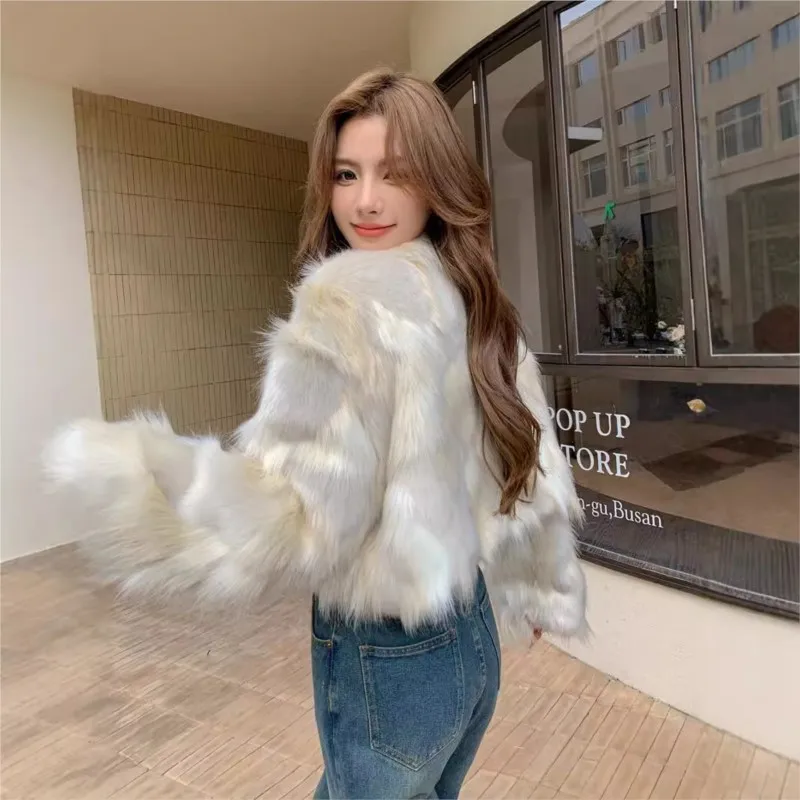 

Short tricolor fur mixed coat women's fluffy clothing