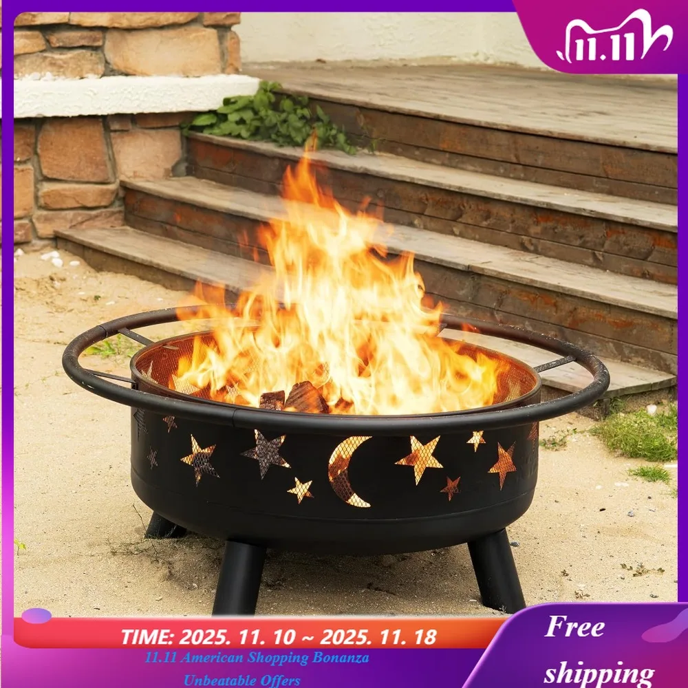 

32 Inch Round Fire Pit with Mesh Cover, Fire Poker, Star and Moon Design, Metal Wood Burning Outdoor Firepit for Patio,