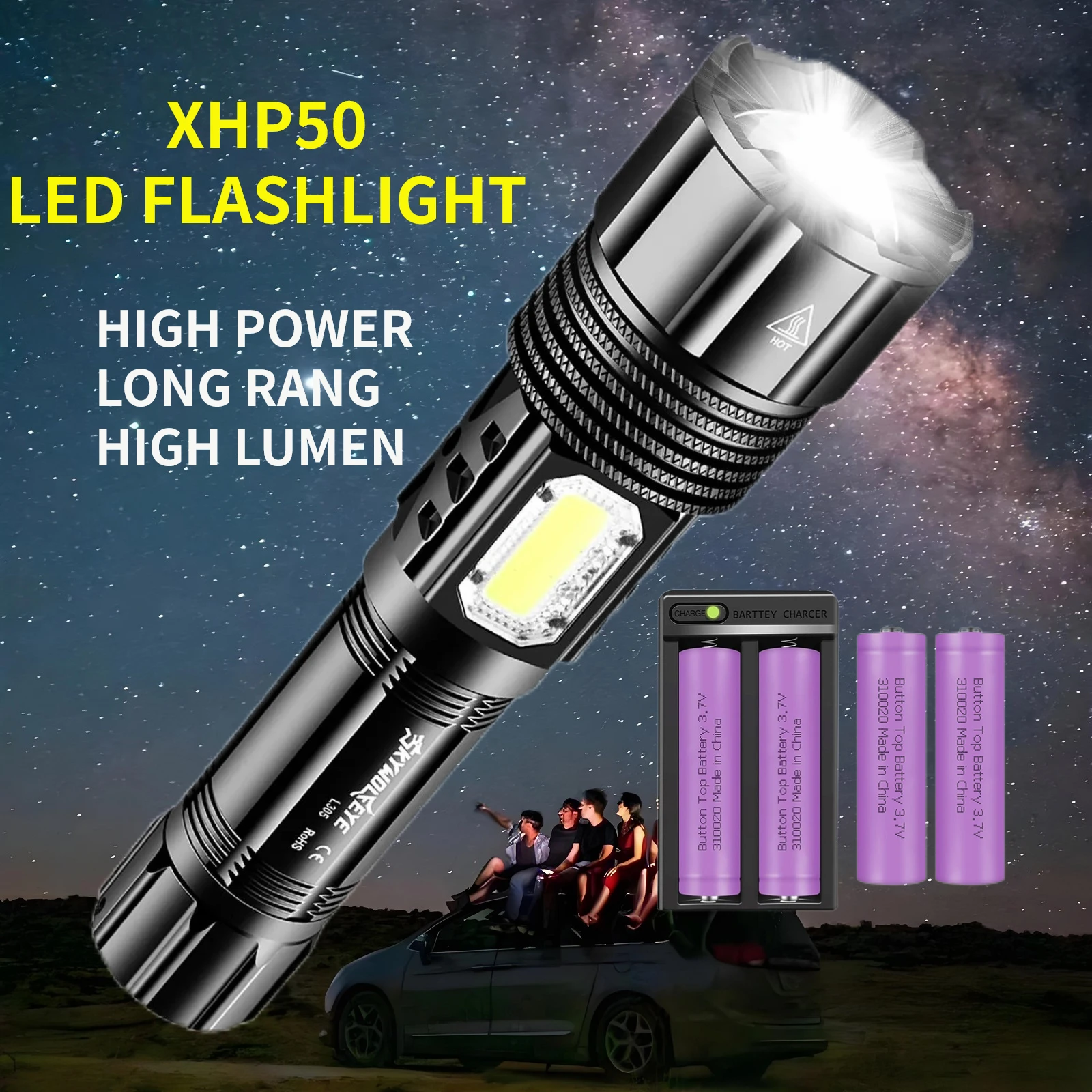 

Skywolfeye High Power XHP50 LED Flashlight Rechargeable USB Long Rang High Lumens Torch with COB Side Light