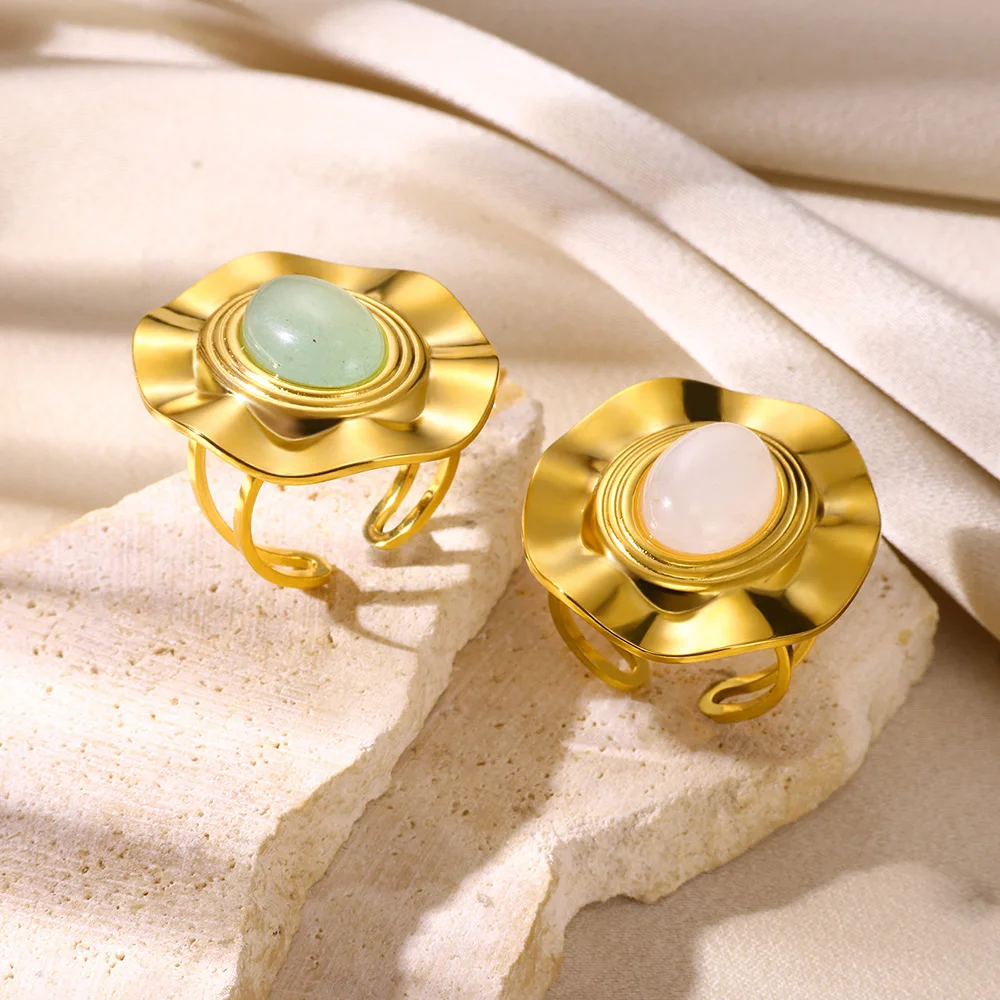 

Green Natural Stone Circle Stainless Steel Open Rings for Women Vintage Gold Color Wedding Aesthetic Ring Femme Jewelry Gift