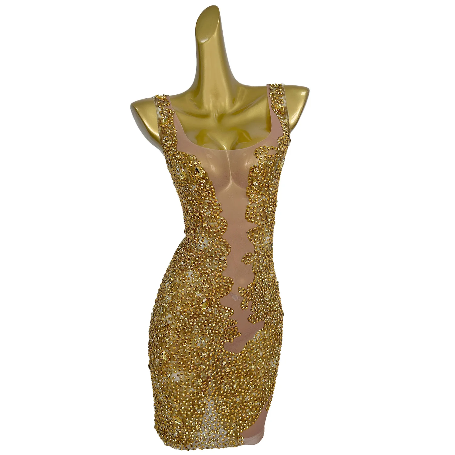 

Sexy Luxury Elegant Shining Gold Diamonds Suspenders Mesh Dress Women Cocktail Party Evening Stage Costume Jinbihuihuang
