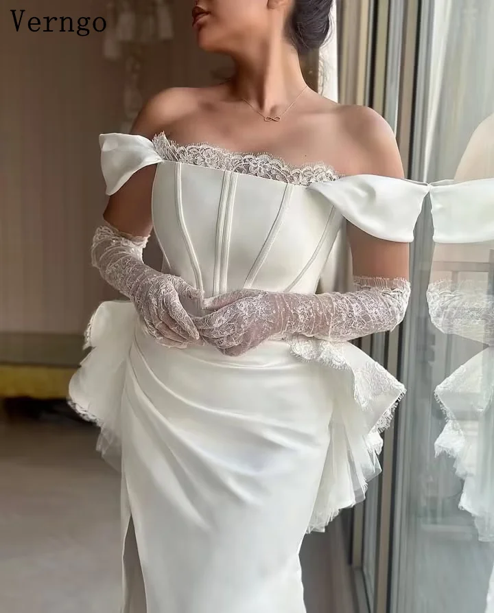 فستان زفاف Verngo lvory من الساتان قبالة الكتف حورية البحر مطوي فساتين العروس القوس الأميرة زي العرائس حسب الطلب