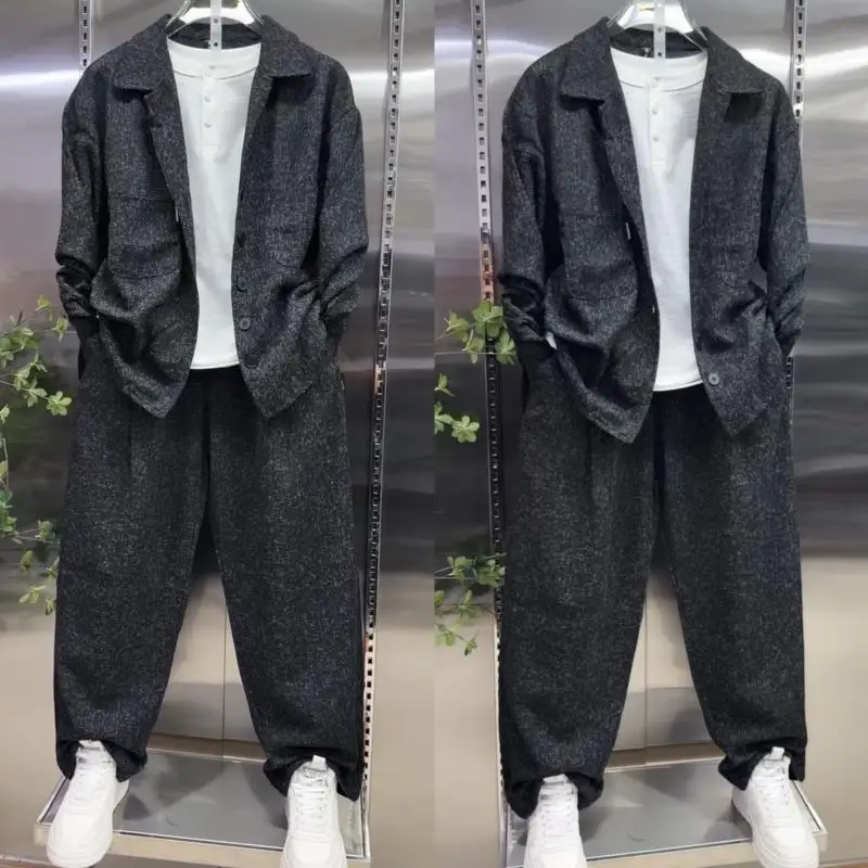 Immagine 3: Completo da Uomo con Camicia a Colletto e Pantaloni Larghi a Gamba Dritta, 2 Pezzi, Outfit Casual alla Moda per Uso Quotidiano