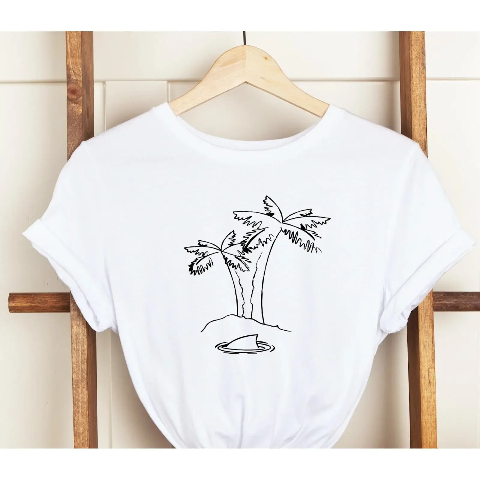 Shark Fin amp Palm Tree T Shirt Beachy Animation vintage Washed Unisex Stretched designer clothes Top For Everyday Wear fashion