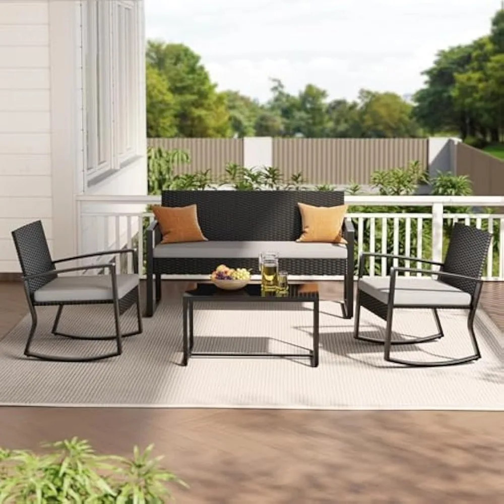 

Outdoor Wicker Courtyard Furniture Set, Glass Coffee Table, Swinging Wicker Bar Set, 4 Pcs