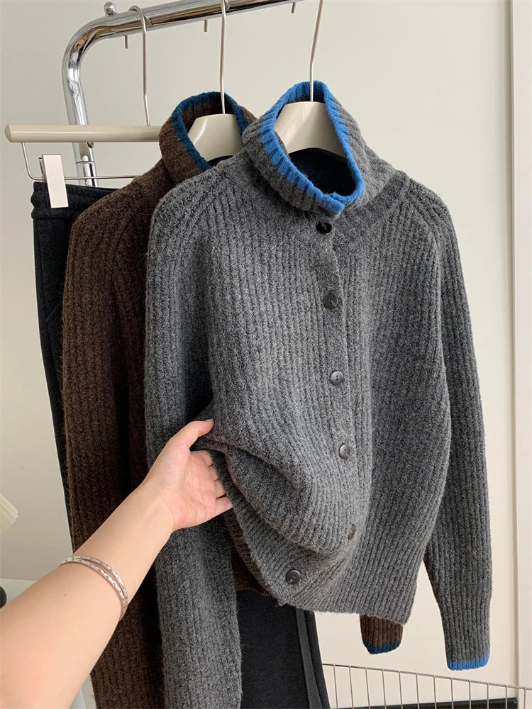 

Женский вязаный свитер большого размера с высоким воротником, пальто, мягкий свободный крой, осень-зима, новинка, цветная блузка, корейский Sle Long Sve