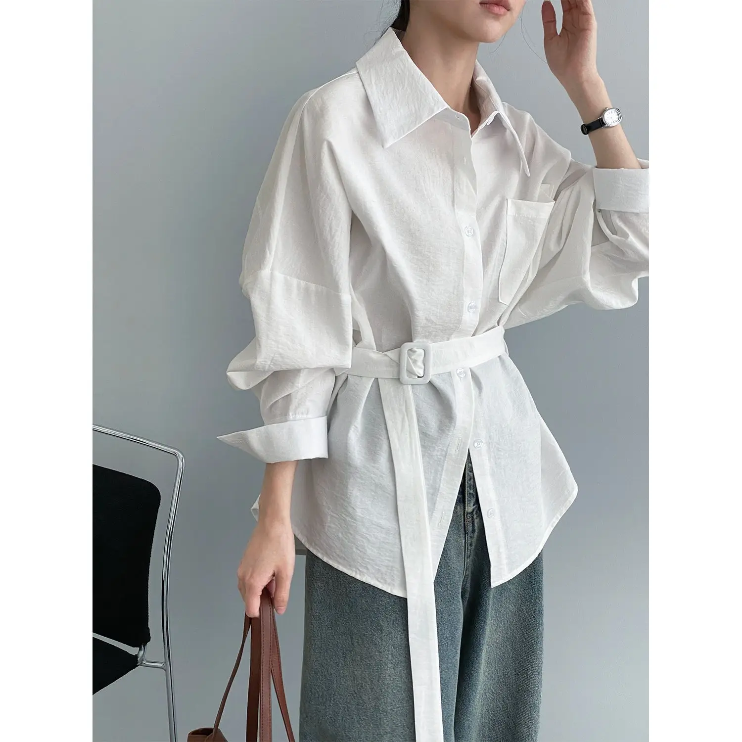 

2026 Solid Color Lapel Waist Strap Shirt Women's Versatile Casual Shirt