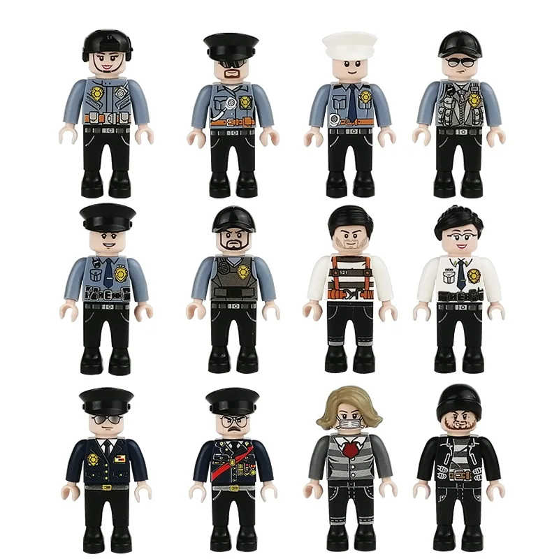 12pcs 4.5CM City Police Officer Thief Swat Mini Action Figures Parts NO Playmobil Building Blocks Educational Model Kids Toys