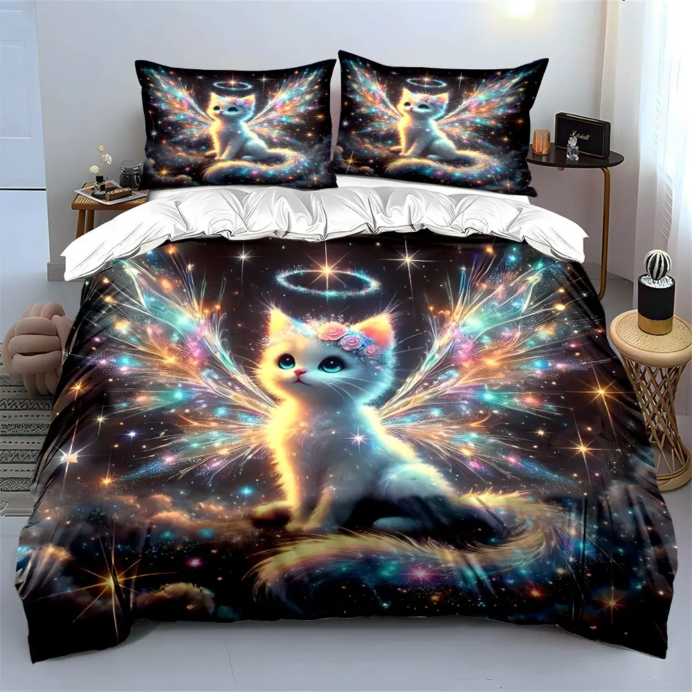 Dreamy angelic cat with magical wings Print Bedding set 3PC 1 duvet cover 2 pillowcases adult and children bedding set Luxury