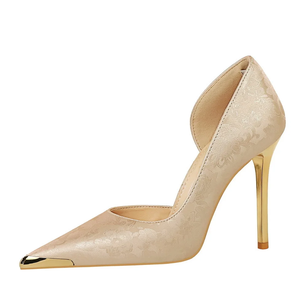 

Women's Banquet Style High Thin Heels Shallow Mouth Side Hollow Silk Metal Pointed Single Shoes Ladies Shoes Pumps туфли женские