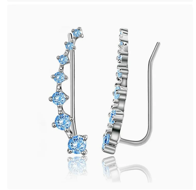 Round Natural Sky Blue Topaz 925 Sterling Silver Climber Ear Cuff Clip on Earrings Gemstone Fine Jewelry for Women Birthday Gift