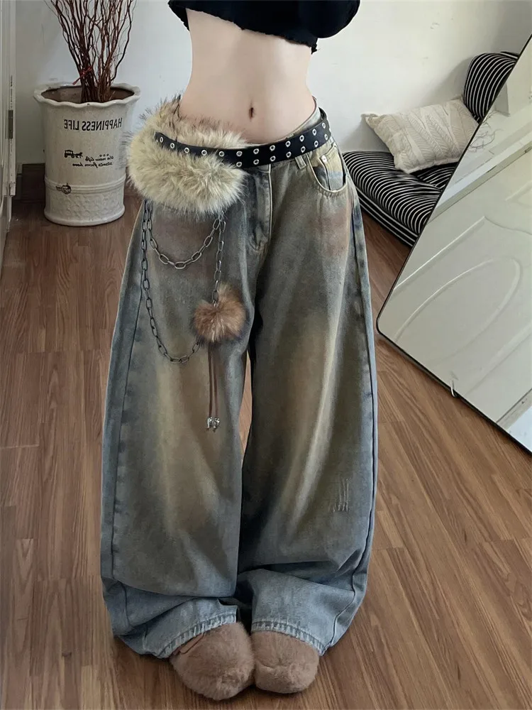 

Вицветшие джинсы в деревенском стиле, женские свободные широкие джинсы High Street, весна-осень, новые повседневные синие джинсы с цепочкой Faion