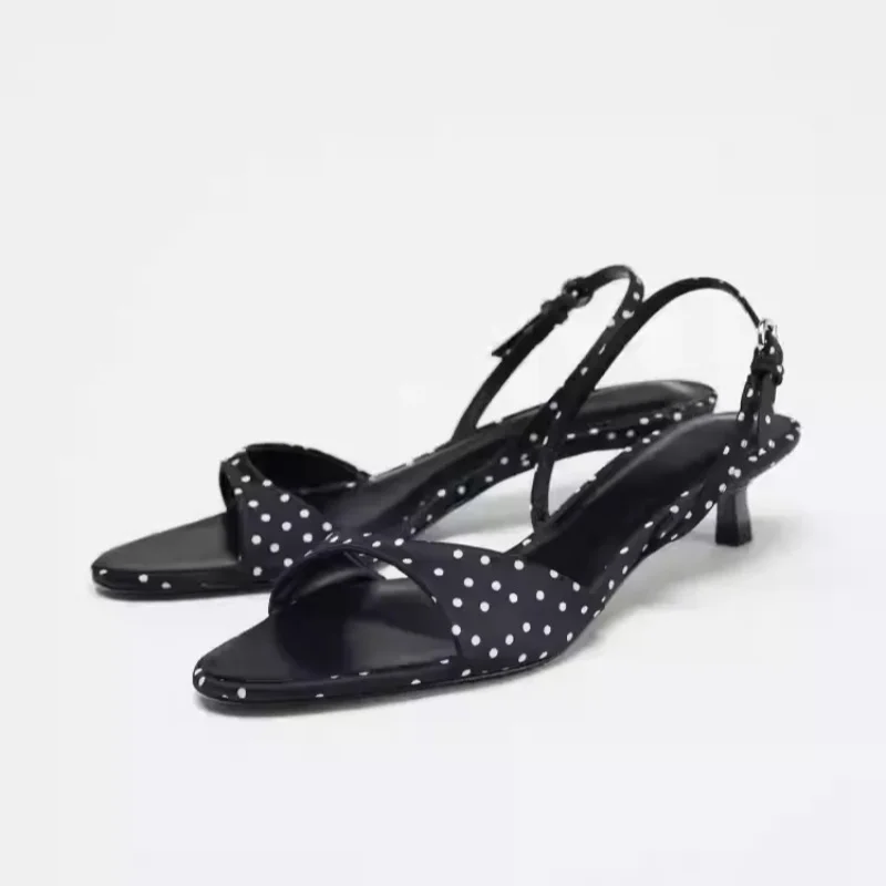 

Luxury Satin Kitten Heel Women's Sandals Fashion Open Toe Back Strap High Heels Elegant Polka Dot Decoration Summer Casual Shoes