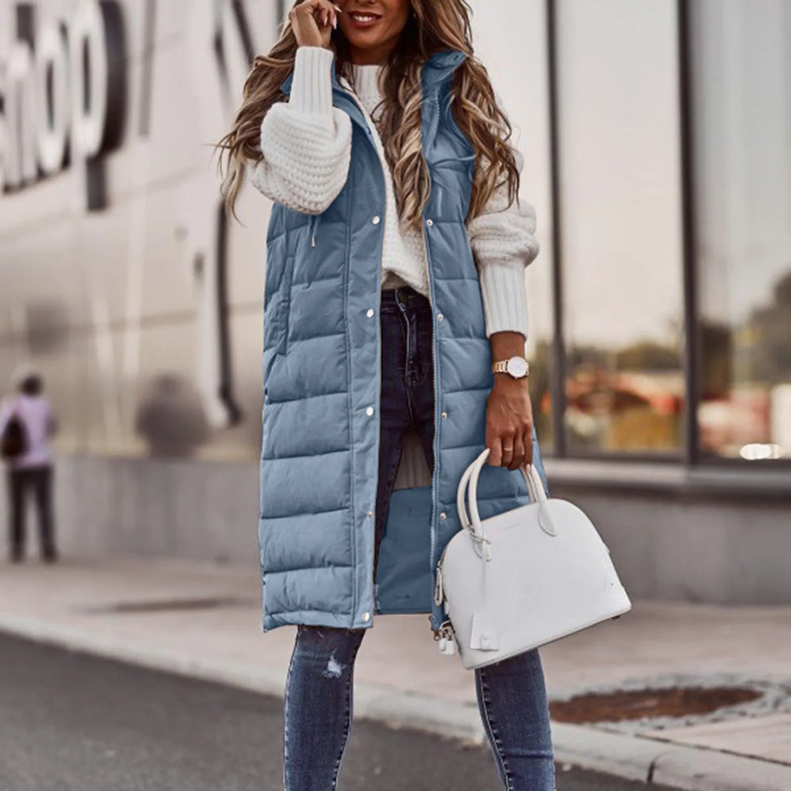 Chaleco largo con capucha para mujer, abrigo de plumón cálido de algodón sin mangas, chaqueta acolchada, prendas de vestir, Otoño e Invierno