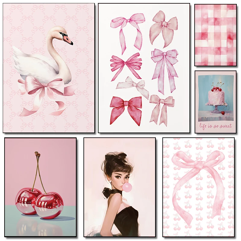 Classic Fashion Pink Bow Ballet Cherry Cake Retro Posters Prints Canvas Painting Wall Art Picture Living Room Home Decor