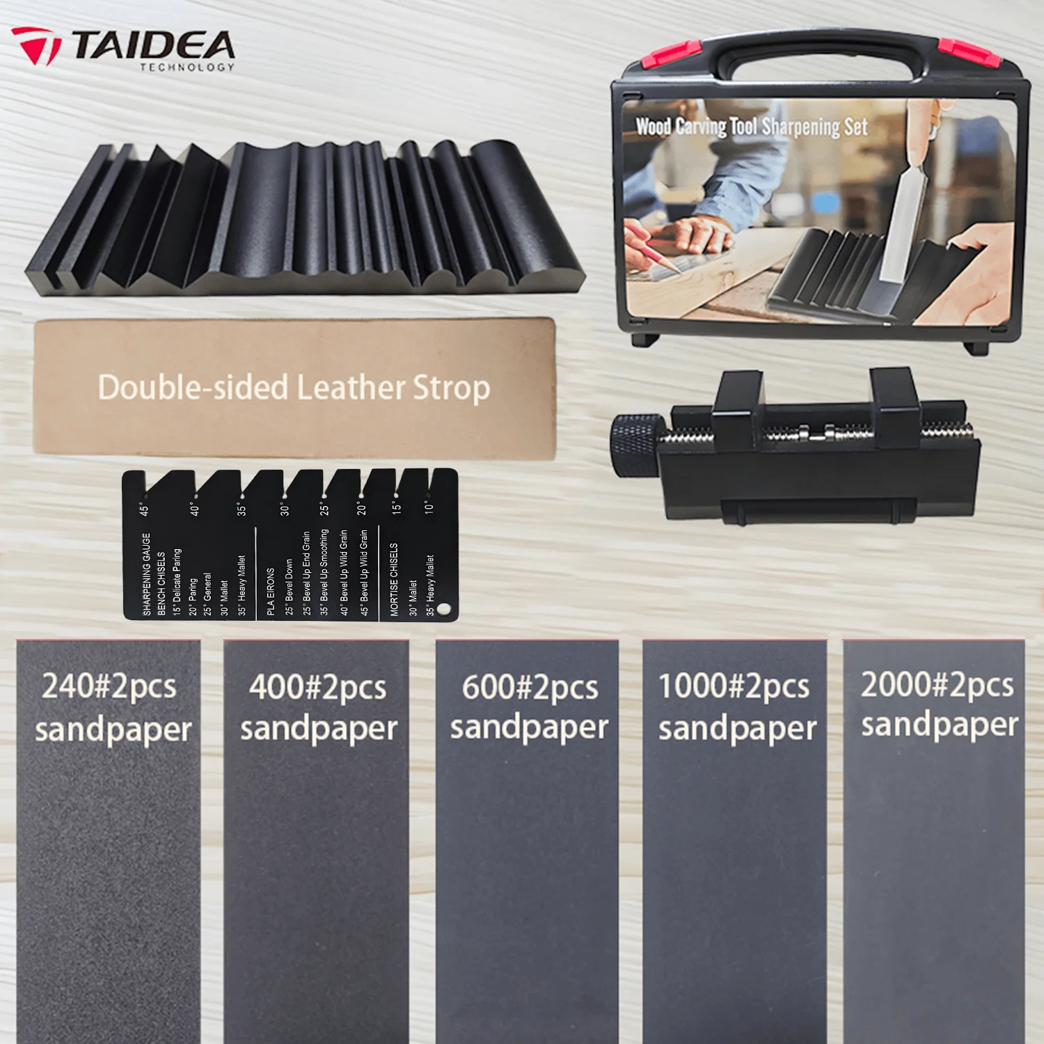 

TAIDEA Multi-Grit Sharpening Kit for Woodworking Tools - 5 Sandpapers + Aluminum Holder + Leather Polishing Strop