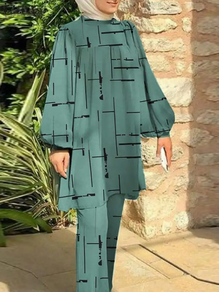 

ZANZEA Fashion Two Piece Set Turksih Printed Blouse Causal Loose Pants Sets Muslim Matching Sets Isamic Clothing Ramadan Outfits