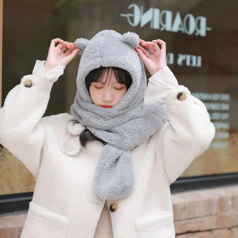 Plush Bear Ear Balaclava Hat with Scarf Gloves Set Fleece Lined Winter Warm Mask for Women Girls Ski Snow Outdoor