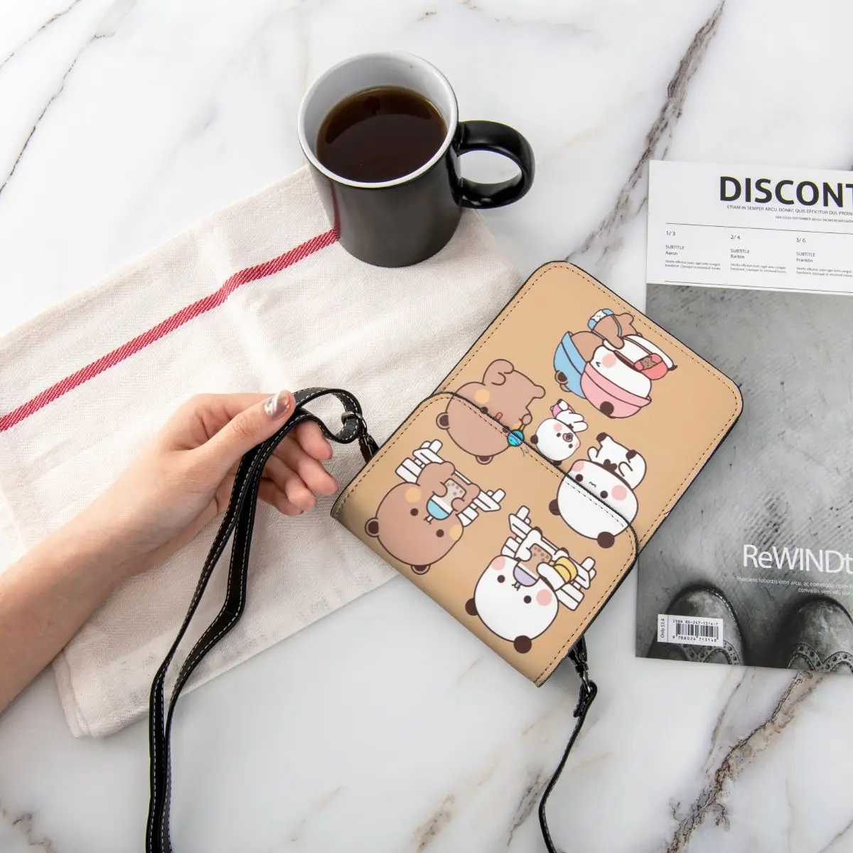 Bubu Dudu Kawaii Small Cell Phone Purse Leather Card Case Stylish Female Cute Bear and Panda Cartoon Mini Shoulder Bag Portable