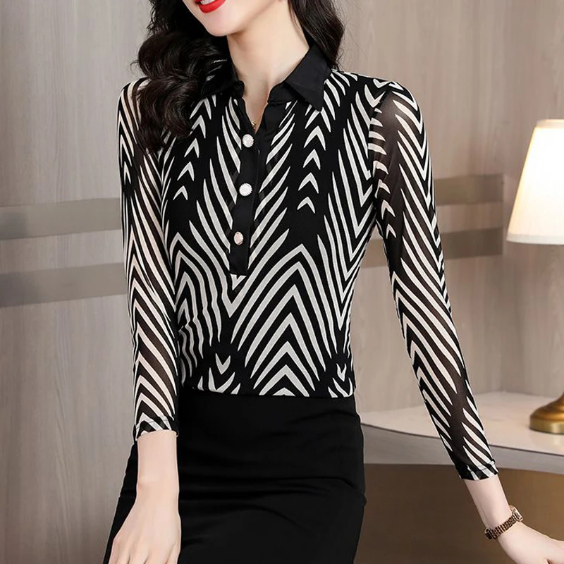 Women Korean Striped Print Lapel Slim Elegant Blouses Office Lady Business Casual Shirts Long Sleeve Tops Blusa Mujer Moda 2023