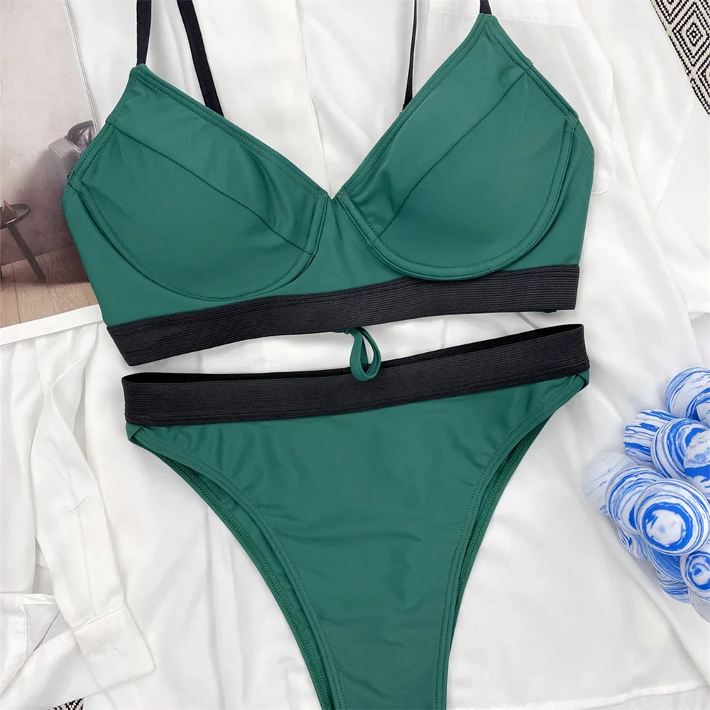 Sexy Sling Bikini Green Swimsuit Push Up Bra High Waist Splicing Swimwear 2-częściowy damski brazylijski strój kąpielowy plażowy Bikini Set