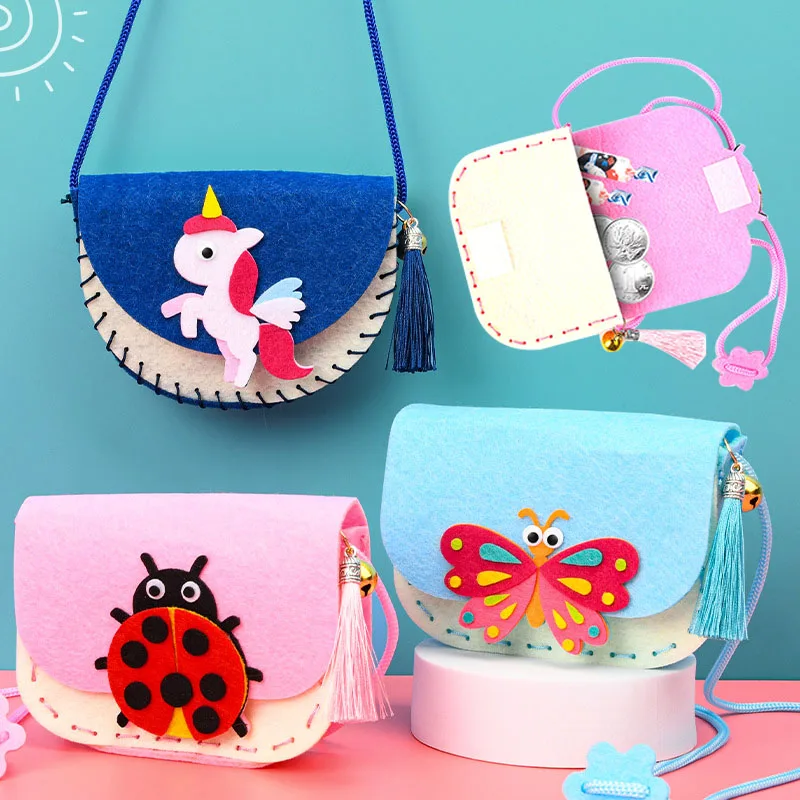 Cute Cartoon Shoulder Bag Sewing Material Kits for Kids Toddlers Long Lanyard  Non-woven Fabric Crossbody Bag Handmade DIY Toys