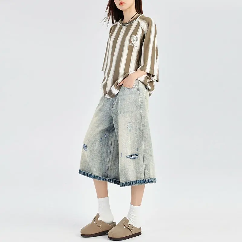 Y2k Fashion Denim Shorts Women Summer High Waisted Wash Baggy Jeans Wide Leg Frayed Short Cropped Pants