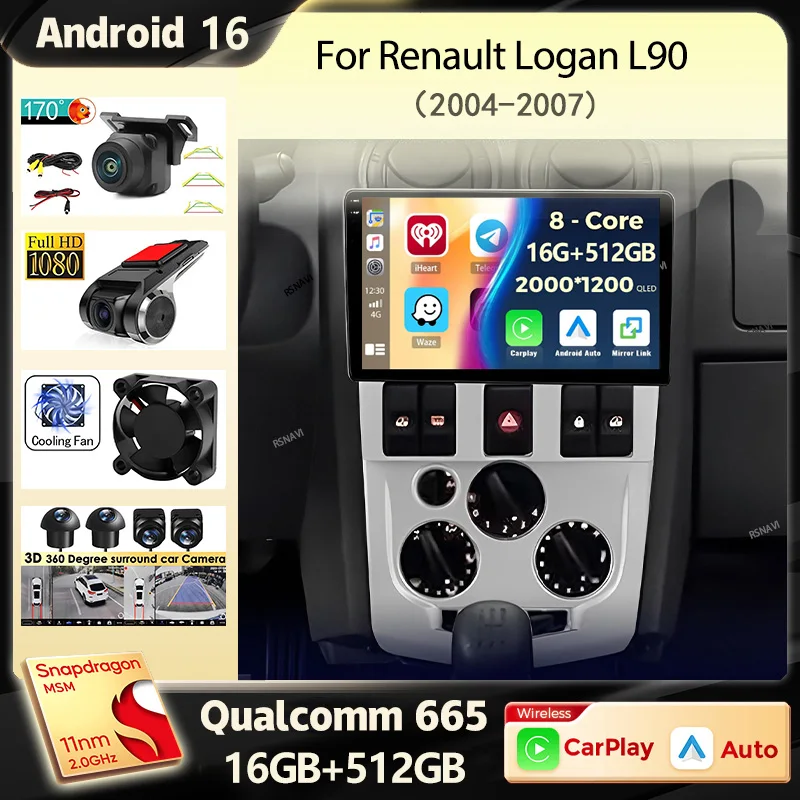 Radio para Auto Android 16 con Carplay y DSP para Renault Logan L90 2004 2005 2006 2007, Navegación GPS, Reproductor Multimedia de Video, Wifi+4G