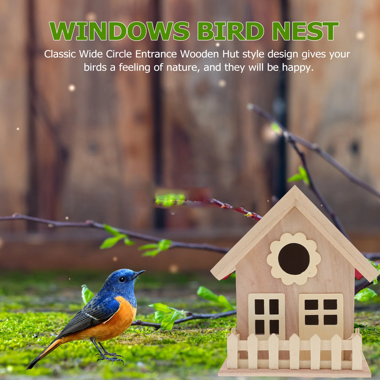 

Wooden Bird Craft Hut Unfinished for Wooden Birds Nest DIY Decor Wide Entrance Double Windows Small Birds Pet Accessories